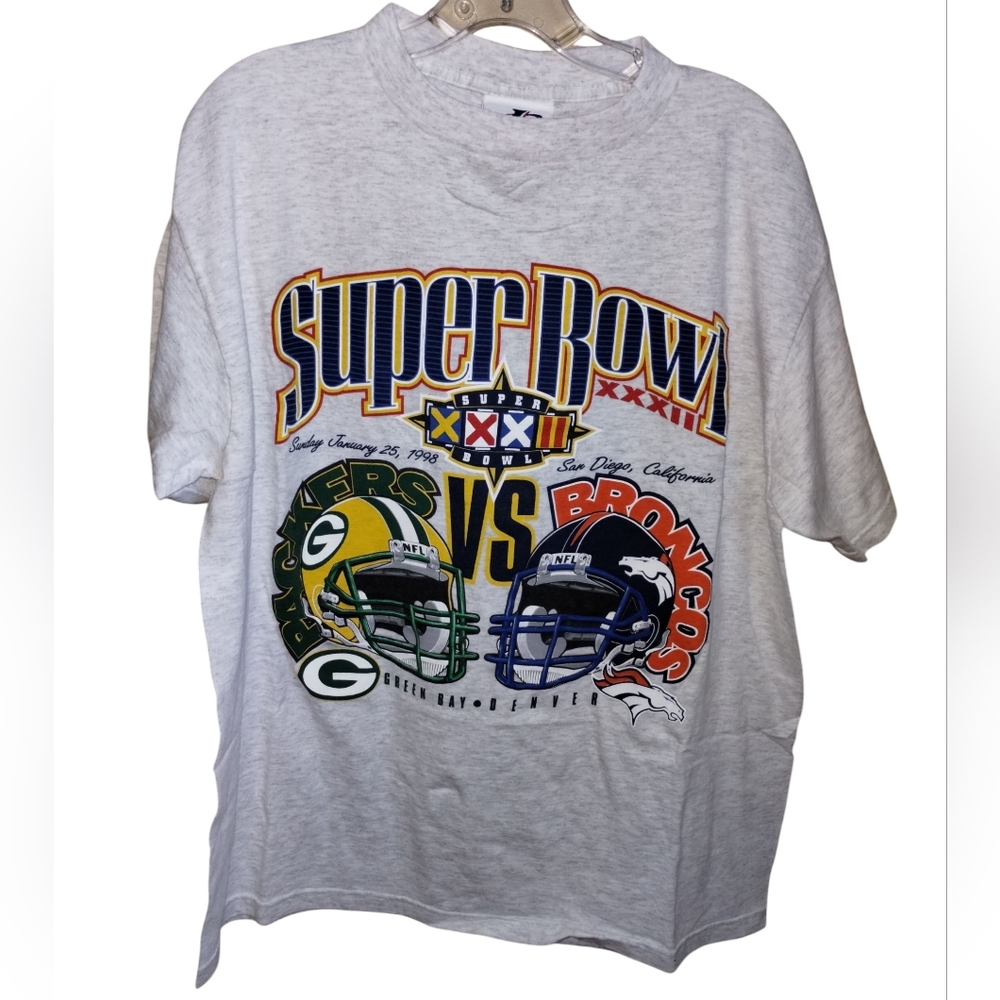 Vtg '98 NFL Super Bowl XXXII T-shirt M Grey Packers v. Broncos Cotton
